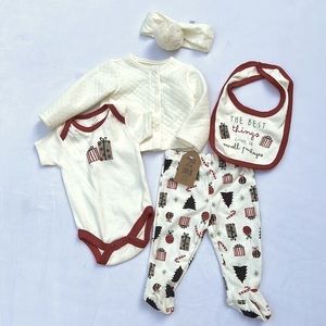 CHICK PEA Baby 5-Piece Set Coat onesie Bib Pants Headband size 0-3 month holiday